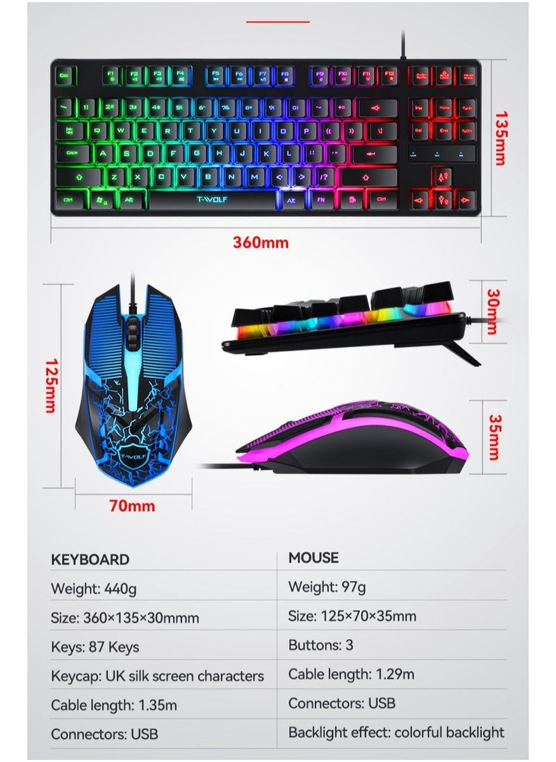 Keyboard Mouse Combo 87-Key Suspended Keycaps USB Wired Gaming Keyboard 3-Button Colorful Breathing Light Mouse with Mouse Pad for PC Computer Gamer