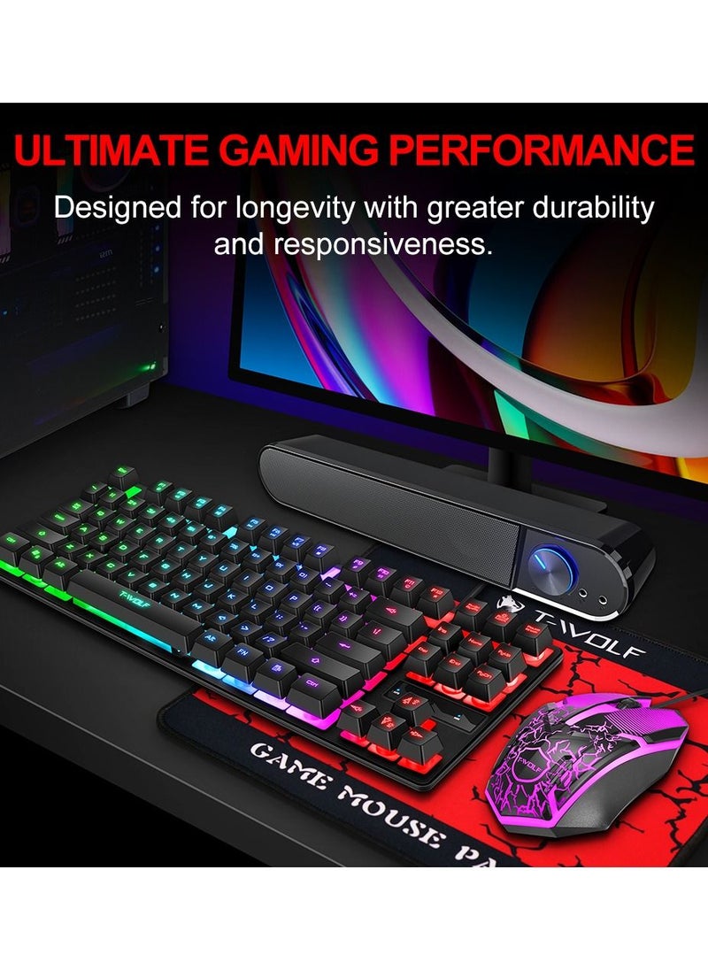 Keyboard Mouse Combo 87-Key Suspended Keycaps USB Wired Gaming Keyboard 3-Button Colorful Breathing Light Mouse with Mouse Pad for PC Computer Gamer