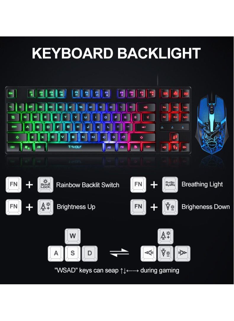 Keyboard Mouse Combo 87-Key Suspended Keycaps USB Wired Gaming Keyboard 3-Button Colorful Breathing Light Mouse with Mouse Pad for PC Computer Gamer