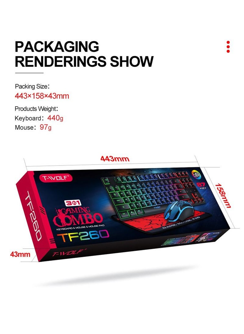 Keyboard Mouse Combo 87-Key Suspended Keycaps USB Wired Gaming Keyboard 3-Button Colorful Breathing Light Mouse with Mouse Pad for PC Computer Gamer