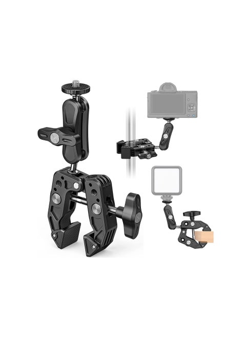 Super Camera Clamp Mount Monitor, with 1/4''-20 and 3/8''-16 Thread, 360° Double Ball Head Camera Mount Adapter DSLR Cameras, Lights, Hooks, Shelves, Rods, Cross Bars, Fit for Most Camera