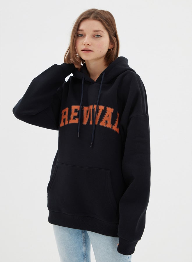 trendyol Navy Blue Oversize/Wide Cut Hooded Fleece Inside/Warm Cotton Unisex Sweatshirt - Image 3