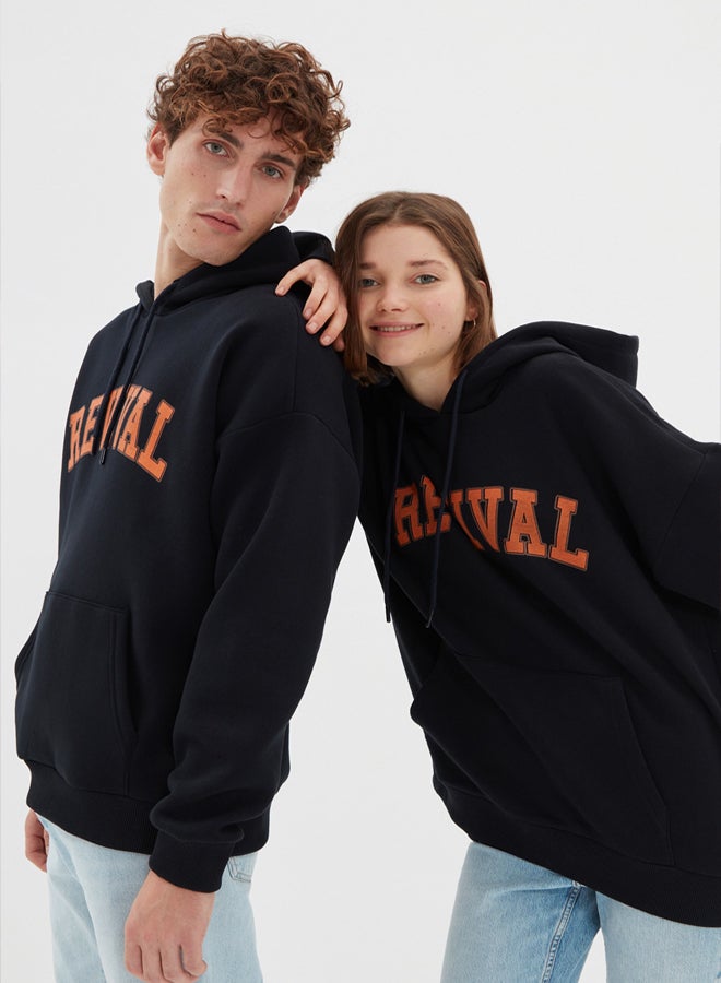trendyol Navy Blue Oversize/Wide Cut Hooded Fleece Inside/Warm Cotton Unisex Sweatshirt - Image 1