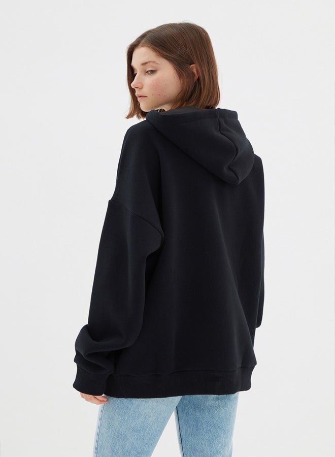 trendyol Navy Blue Oversize/Wide Cut Hooded Fleece Inside/Warm Cotton Unisex Sweatshirt - Image 5