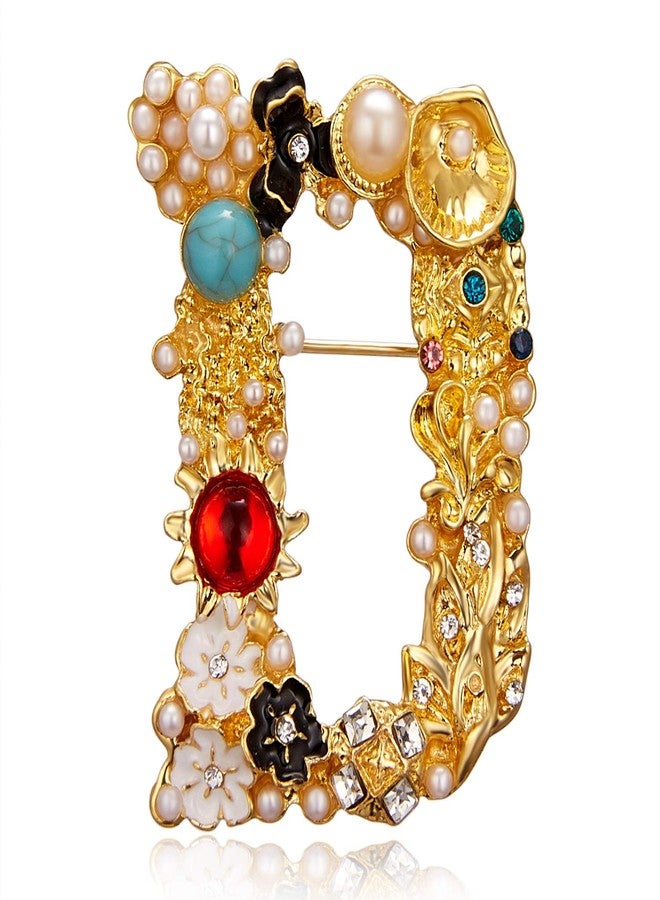 RINHOO Crystal Pearl Initial Brooch Gold Plated Enamel Colorful Letter Alphabet Breastpin Pin Jewelry for GIFTS (Letter -D) - Image 1