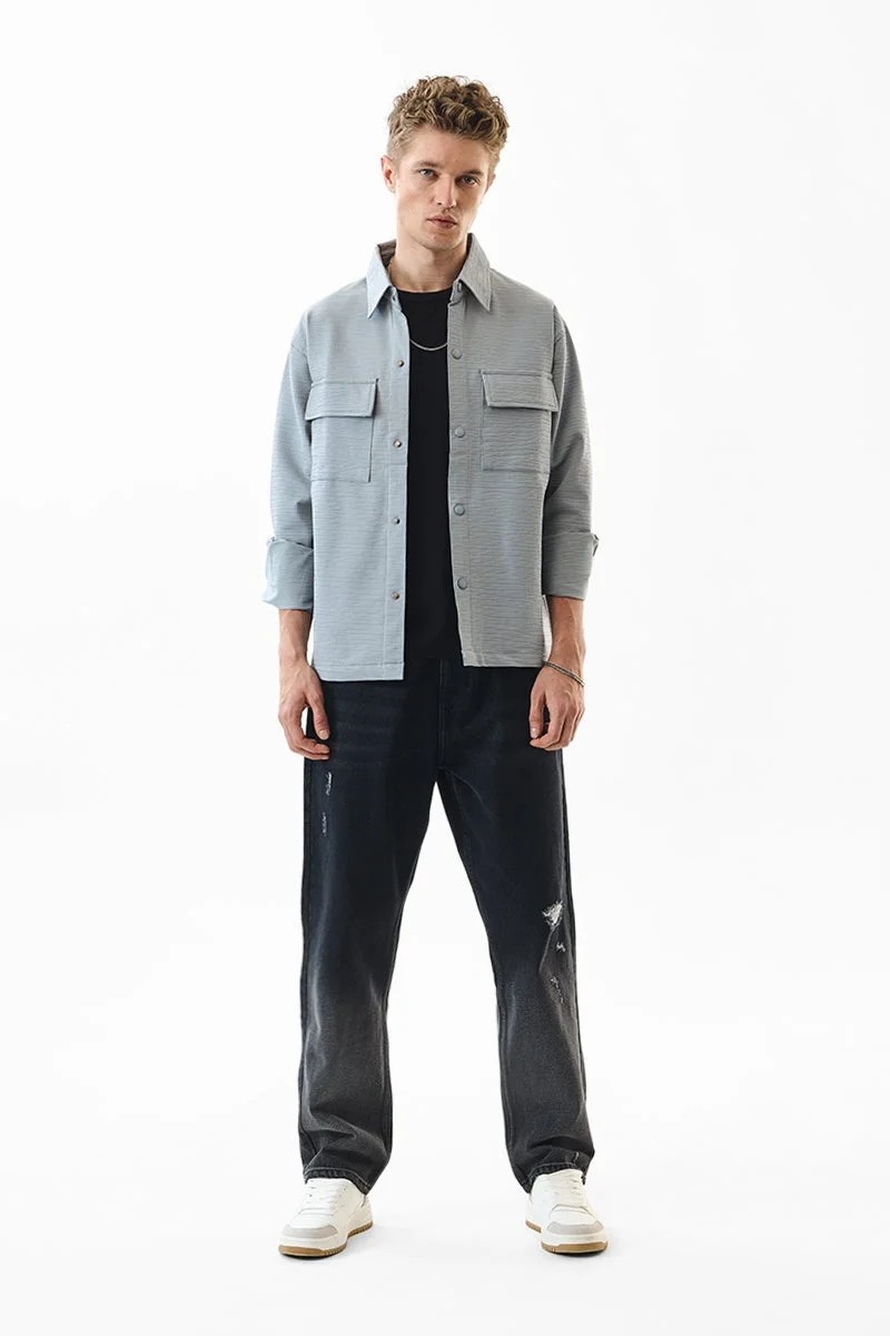 سنيتش Light Grey Textured Long Sleeve Relaxed Overshirt