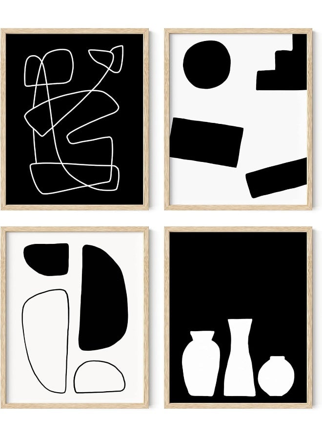 Home Trove Black And White Wall Art - Set Of 4 Geometric Wall Art, Abstract Minimalist Wall Art, Geometric Wall Shapes, Modern Art, Black Art Wall Decor (Beige Frame, 8X10) - Image 1