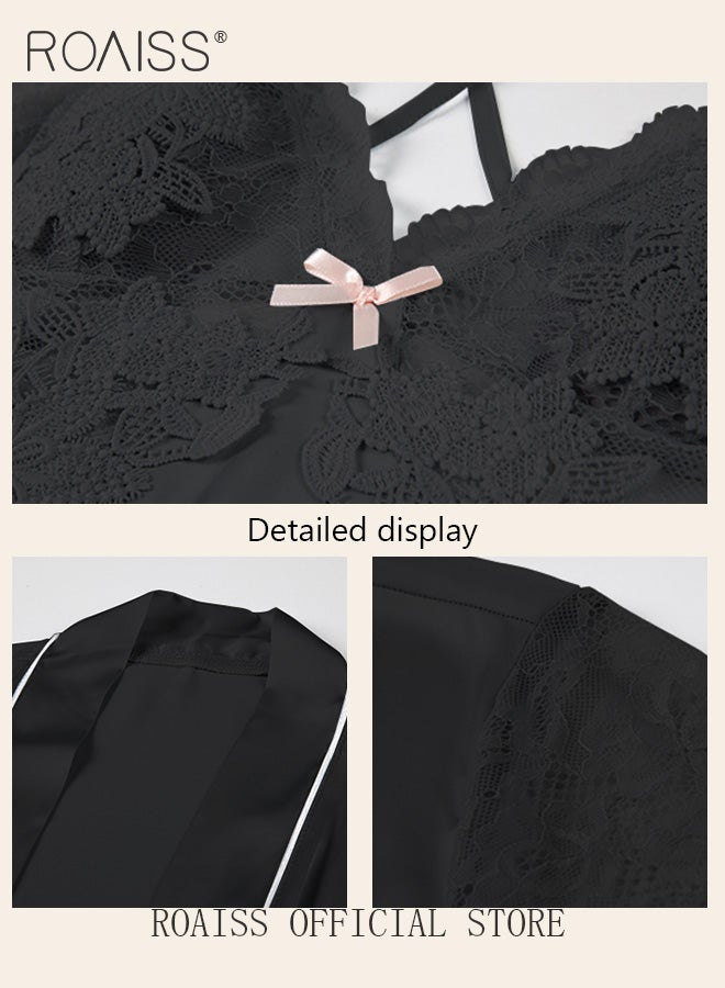 رويس مجموعة بيجامات نسائية مكونة من قطعتين بتصميم عنق V تتضمن المجموعة قميصًا داخليًا وروبًا خارجيًا بنفس اللون وعنصر الدانتيل في فستان النوم - Image 5