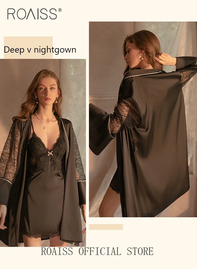 رويس مجموعة بيجامات نسائية مكونة من قطعتين بتصميم عنق V تتضمن المجموعة قميصًا داخليًا وروبًا خارجيًا بنفس اللون وعنصر الدانتيل في فستان النوم - Image 4