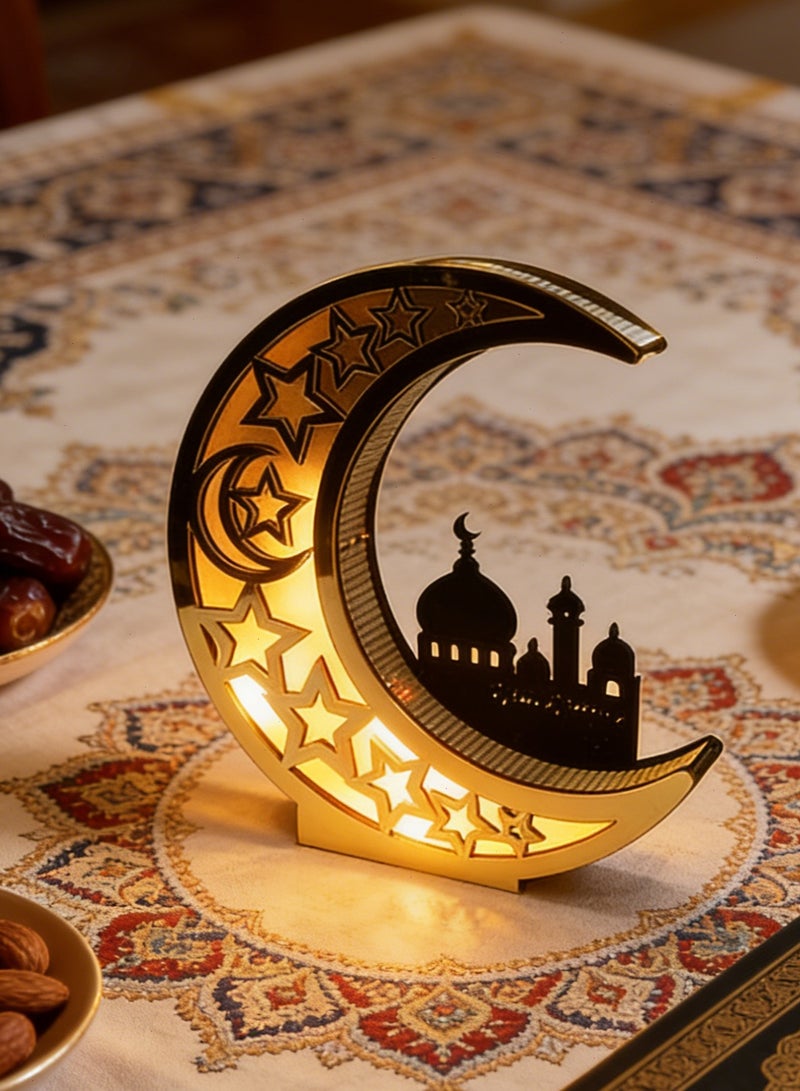 Yoawllty Ramadan Lamp, Ramadan Decorations, Ramadan Moon Shape LED Light for Eid Mubarak Home Decoration Wooden Hollow Night Light - Image 1