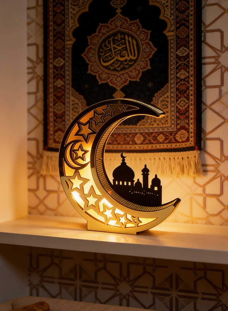 Yoawllty Ramadan Lamp, Ramadan Decorations, Ramadan Moon Shape LED Light for Eid Mubarak Home Decoration Wooden Hollow Night Light - Image 2
