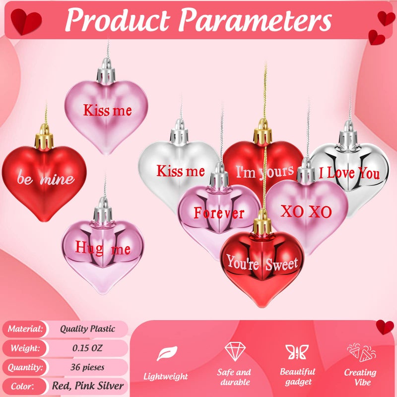 Luinabio 36 Pieces Valentine Day Ornaments Tree Decorations Heart Hanging Ornaments Tree Heart Baubles Shaped Red Pink Plastic Multicolored Decor for Valentines Christmas Wedding Party Anniversary - Image 4