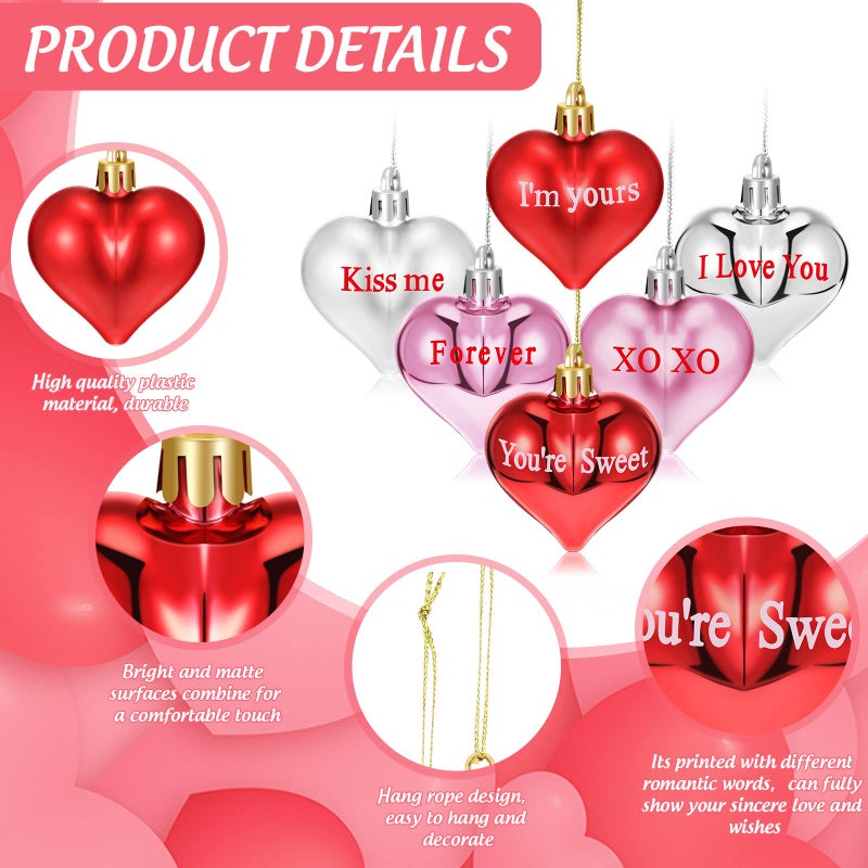 Luinabio 36 Pieces Valentine Day Ornaments Tree Decorations Heart Hanging Ornaments Tree Heart Baubles Shaped Red Pink Plastic Multicolored Decor for Valentines Christmas Wedding Party Anniversary - Image 3