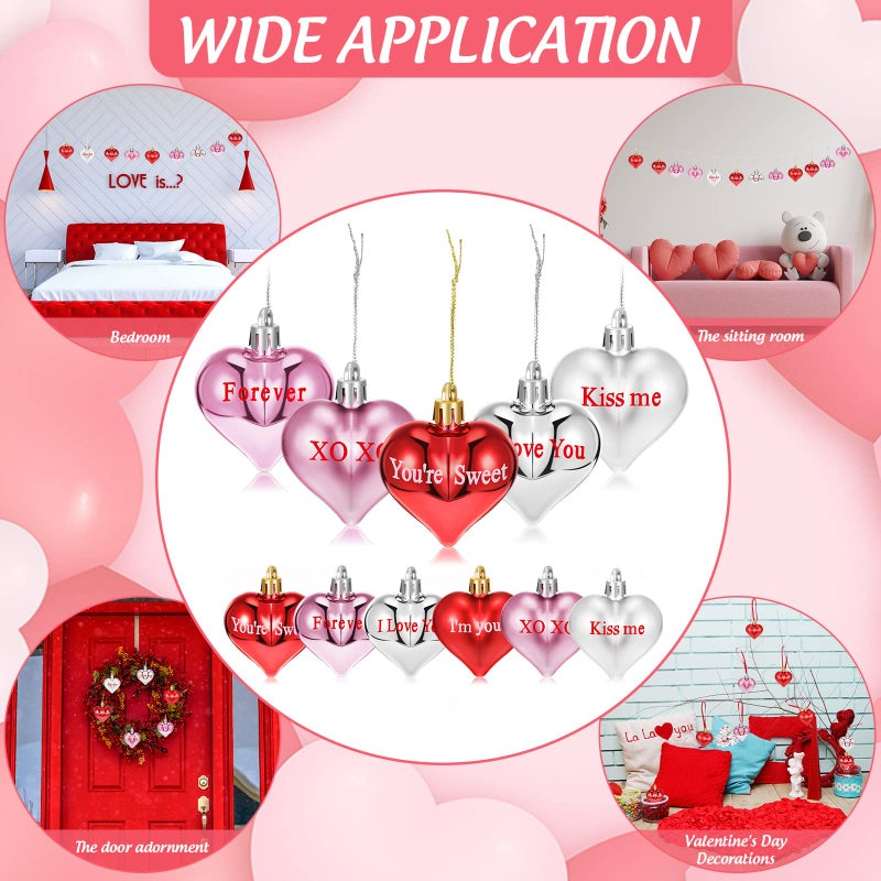 Luinabio 36 Pieces Valentine Day Ornaments Tree Decorations Heart Hanging Ornaments Tree Heart Baubles Shaped Red Pink Plastic Multicolored Decor for Valentines Christmas Wedding Party Anniversary - Image 5