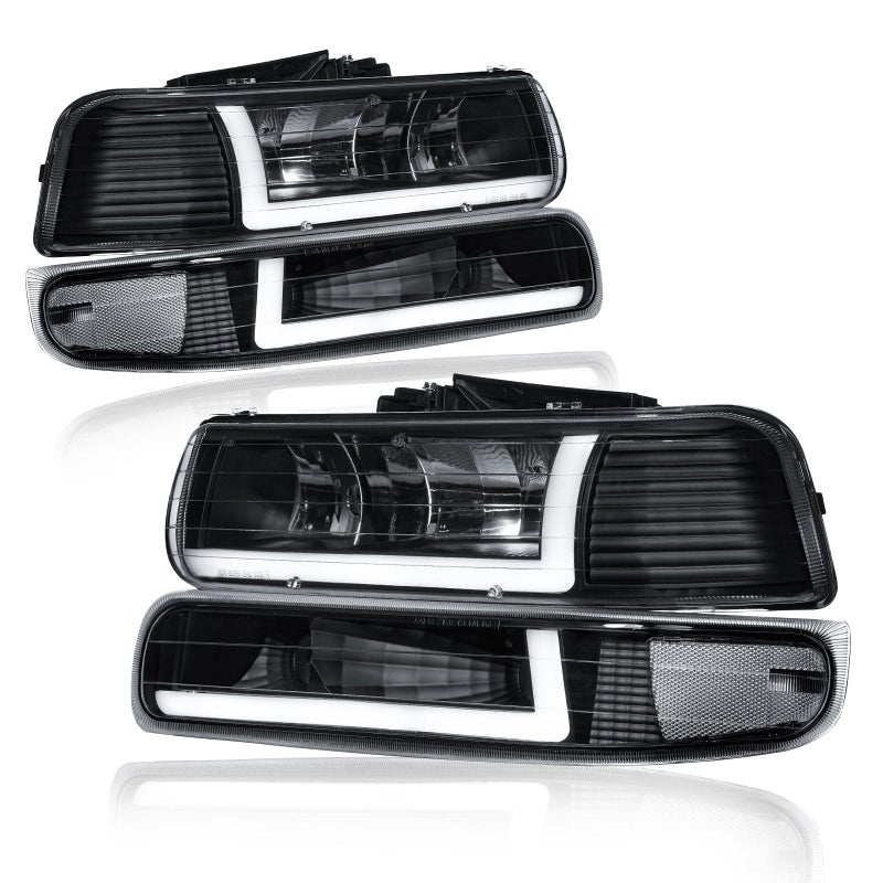 Fullux LED DRL Headlights Assembly fit 1999-2002 Chevy Silverado 1500 2500 1500HD 2500HD 3500/2000-2006 Tahoe Suburban 1500 2500 Replacements Black Housing Clear Reflector - Image 1