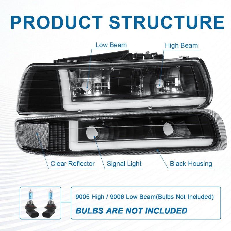 Fullux LED DRL Headlights Assembly fit 1999-2002 Chevy Silverado 1500 2500 1500HD 2500HD 3500/2000-2006 Tahoe Suburban 1500 2500 Replacements Black Housing Clear Reflector - Image 3