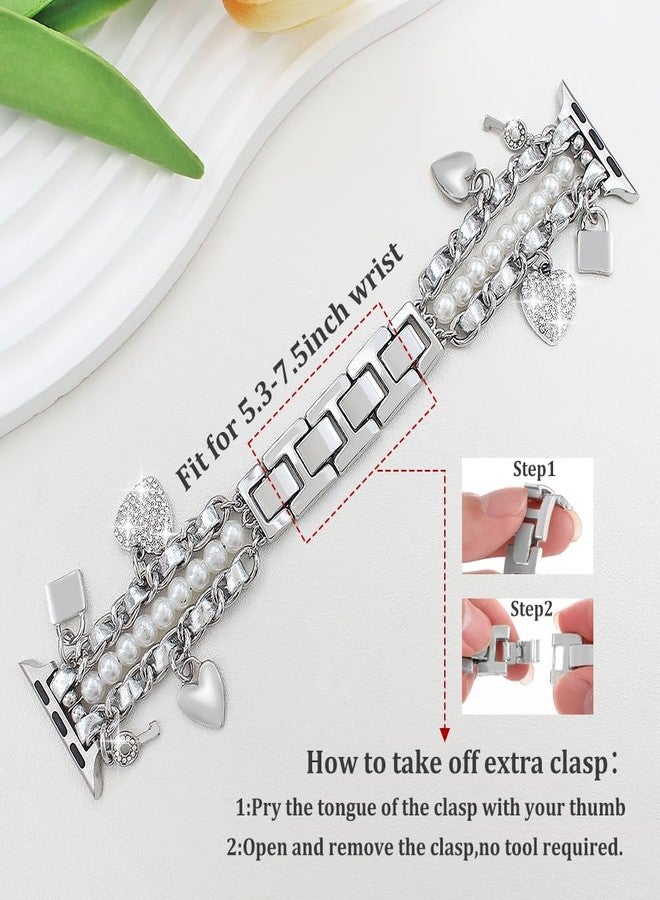 YONWORTH Pearl Beaded Bands Compatible with Apple Watch 42 44 45 46 49mm Women,Cuban Chain Wristband with Cute Charms Pendants for iWatch Series 10 9 8 7 6 5 4 3-1 Ultra SE (Key-Silver, 49mm) - Image 3