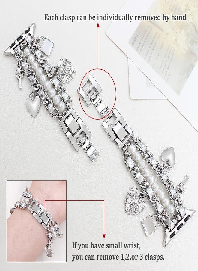 YONWORTH Pearl Beaded Bands Compatible with Apple Watch 42 44 45 46 49mm Women,Cuban Chain Wristband with Cute Charms Pendants for iWatch Series 10 9 8 7 6 5 4 3-1 Ultra SE (Key-Silver, 49mm) - Image 2