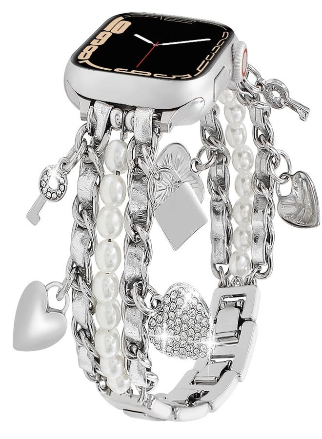 YONWORTH Pearl Beaded Bands Compatible with Apple Watch 42 44 45 46 49mm Women,Cuban Chain Wristband with Cute Charms Pendants for iWatch Series 10 9 8 7 6 5 4 3-1 Ultra SE (Key-Silver, 49mm) - Image 1