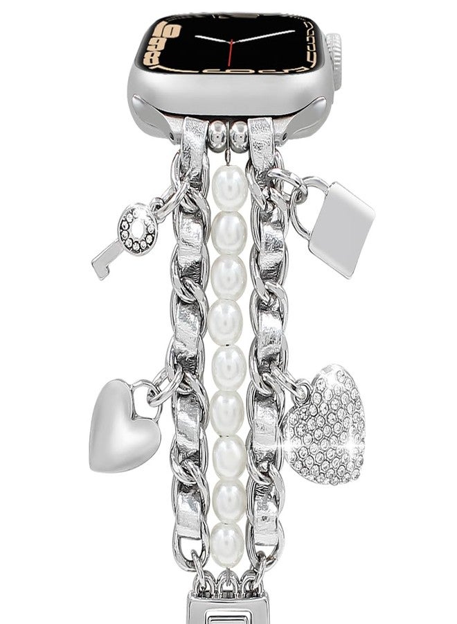 YONWORTH Pearl Beaded Bands Compatible with Apple Watch 42 44 45 46 49mm Women,Cuban Chain Wristband with Cute Charms Pendants for iWatch Series 10 9 8 7 6 5 4 3-1 Ultra SE (Key-Silver, 49mm) - Image 4