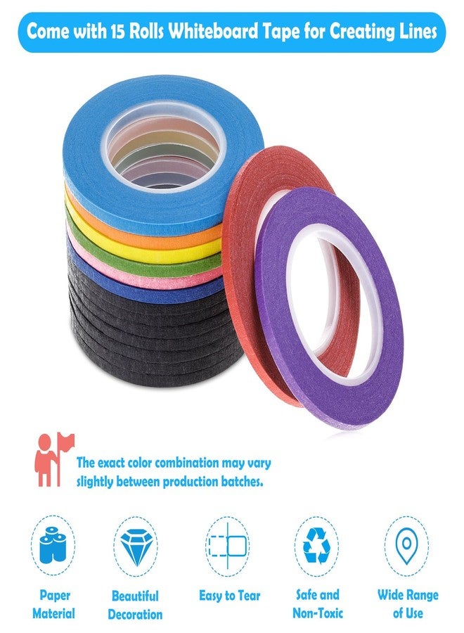 cridoz 15 Rolls Thin 1/8 Inch (3mm) Whiteboard Tape, Low-Tack Paper Pinstripe Art Grid Lines Tape for Dry Erase Boards, Crafts & Delicate Surfaces - Assorted Colors - Image 2
