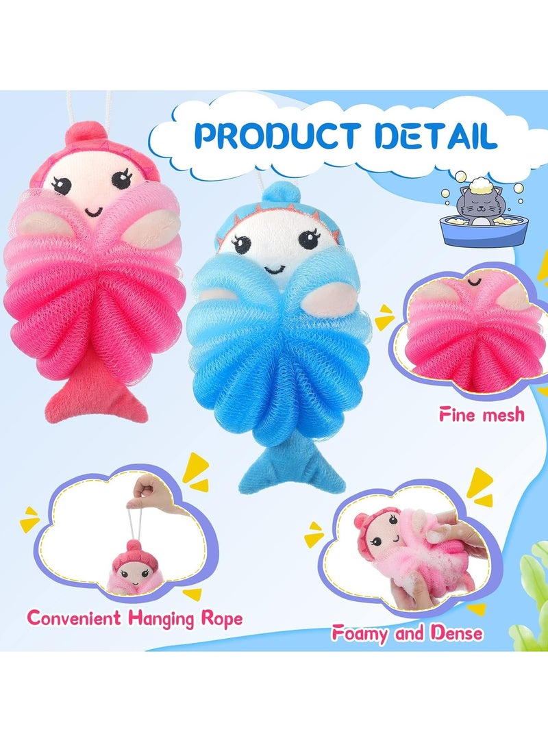 Loquat 2 Pcs Mermaid Bath Loofahs Kids Body Loofahs Cartoon Cute Bath Sponges Toddler Pouf Body Scrubbers Mesh Loofah Sponges for Children Shower - Image 3