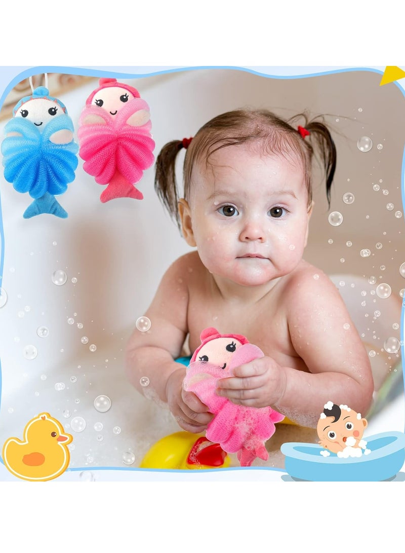 Loquat 2 Pcs Mermaid Bath Loofahs Kids Body Loofahs Cartoon Cute Bath Sponges Toddler Pouf Body Scrubbers Mesh Loofah Sponges for Children Shower - Image 5
