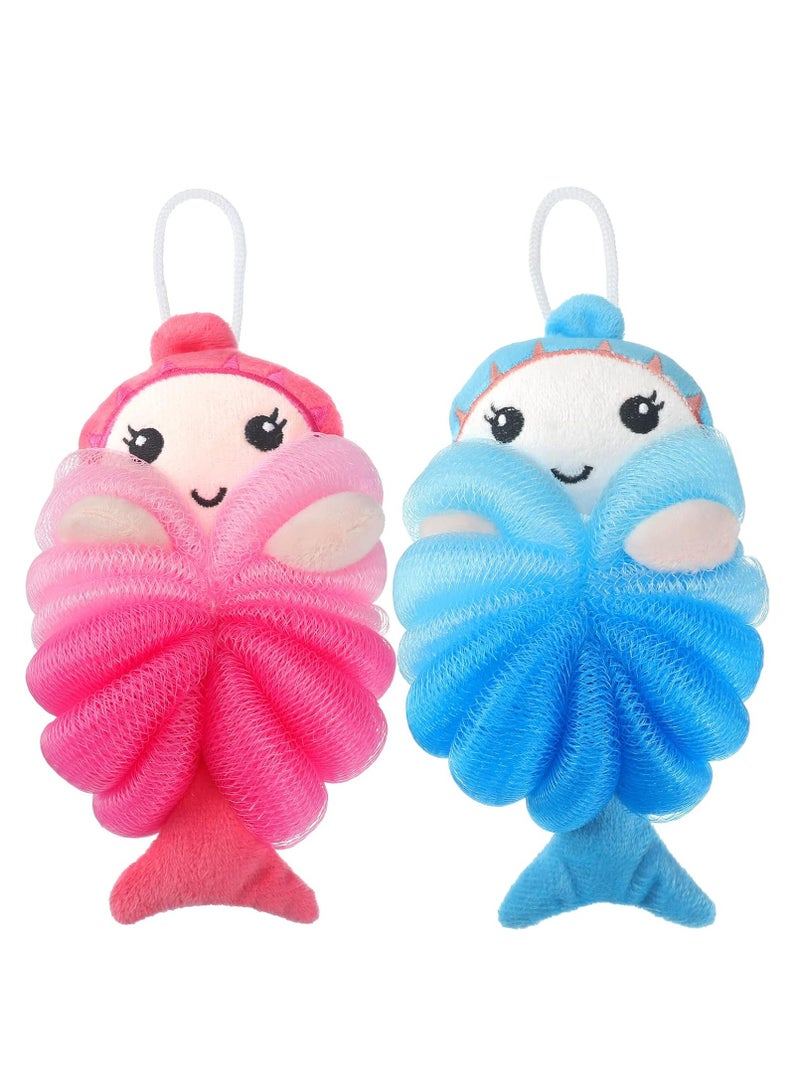 Loquat 2 Pcs Mermaid Bath Loofahs Kids Body Loofahs Cartoon Cute Bath Sponges Toddler Pouf Body Scrubbers Mesh Loofah Sponges for Children Shower - Image 1