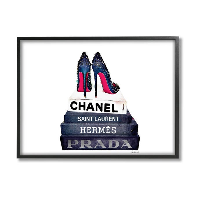 GLAM FASHION BOOK SET BW STUD PUMP HEELS BLACK FRAMED WALL ART 11 X 14 DESIGN BY ARTIST AMANDA GREENWOOD