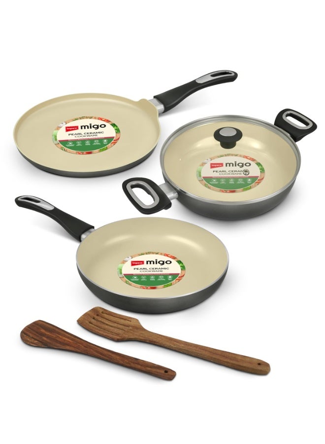 Impex Ceramic Cookware Set | 5 Pc Induction Base Non Stick | Kadai Pan With Lid, Fry Pan, Tawa Pan and 2 Spatulas | Free From PTFE, PFOA and Heavy Metals| 100% Non Toxic | 2 Year Warranty, Grey - Image 1