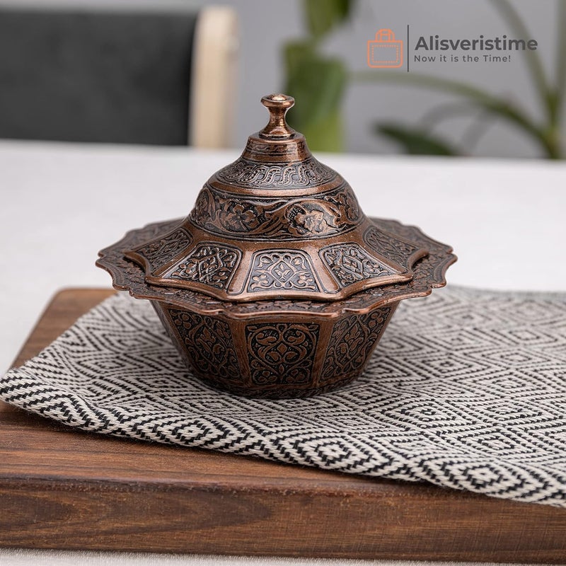 Alisveristime وعاء تقديم الحلوى والشوكولاتة وا��سكر المصنوع يدويًا من النحاس المطلي من Alisveristime مع غطاء، حاوية سكر، طبق سكر بغطاء، وعاء ملح، حاوية ملح، حامل سكر لبار القهوة (نحاسي) - Image 2