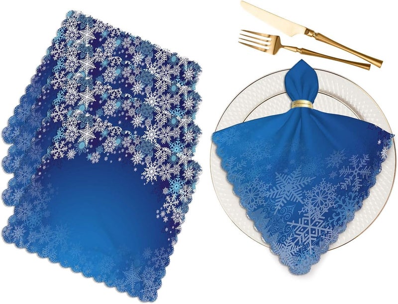 Yibeas Christmas Cloth Napkins Set of 4 Soft Blue and White Snowflakes in Various Styles Polyester Dinner Square Napkin for Family Restaurant Weddings Parties 18 x 18 inch - Image 1