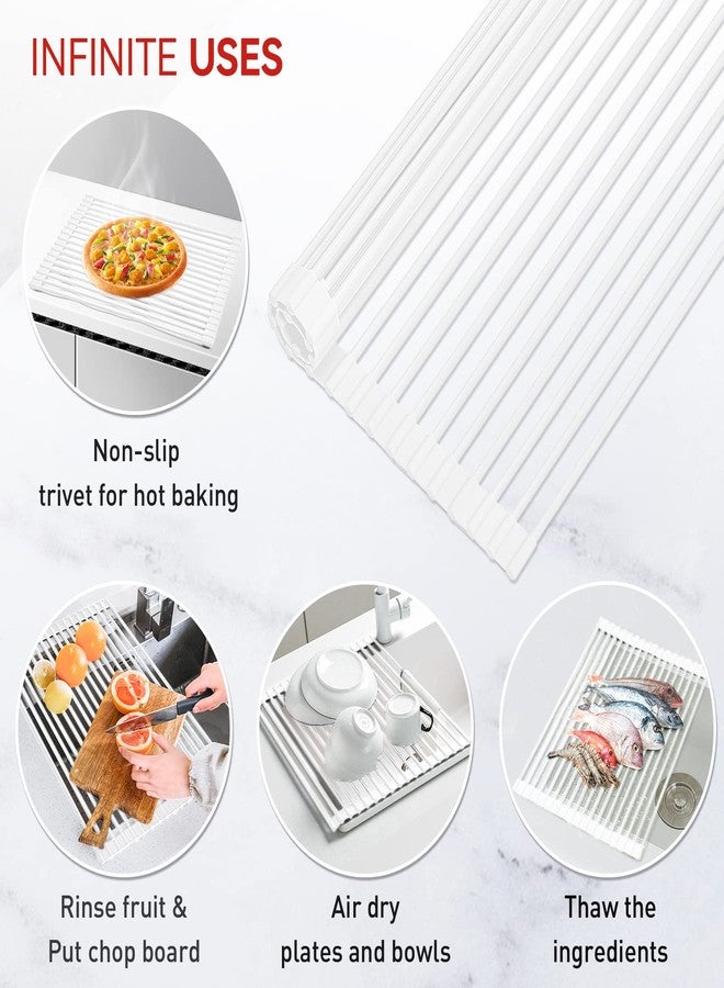 MERRYBOX Roll Up Dish Drying Rack Silicone Wrapped Over The Sink Dish Rack Foldable Dish Drainer Anti-Slip Dish Racks for Kitchen Counter, Multipurpose Kitchen Sink Drying Rack, 20.5" x 13", White - Image 3
