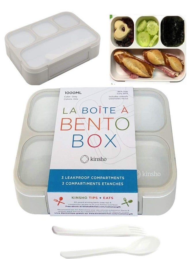 kinsho Bento Lunch Box Container for Kids Adults, Portion Control Meal Prep and Snack Containers, Japanese Style Boxes with 4 Compartments for Boys Girls Teens, School Work and Travel | Grey - Image 1