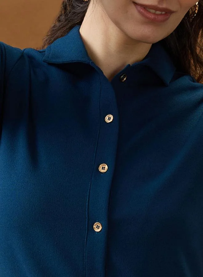 globus Blue Shirt Collar Bodycon Mini Dress