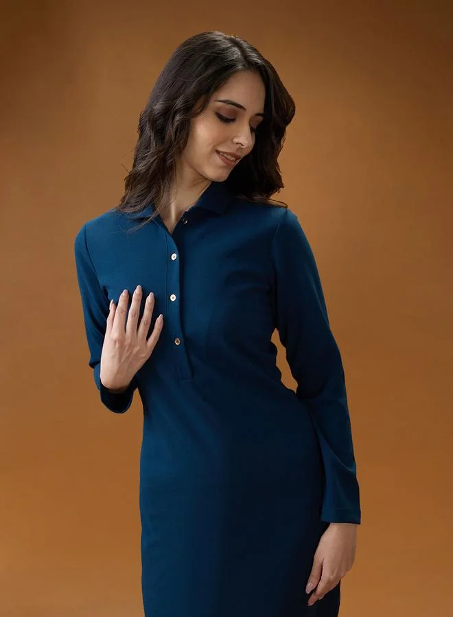 globus Blue Shirt Collar Bodycon Mini Dress