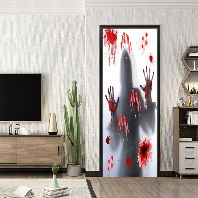 Halloween 3D Door Sticker Scary Bloody Handprint Self Adhesive Door Decal Horror Removable Vinyl Door Art Decor for Halloween Party Decor - Image 2