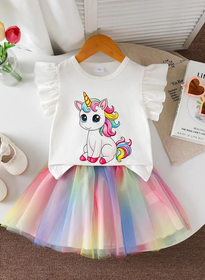 Take Two Girls Unicorn Graphic Top and Rainbow Skirt Set