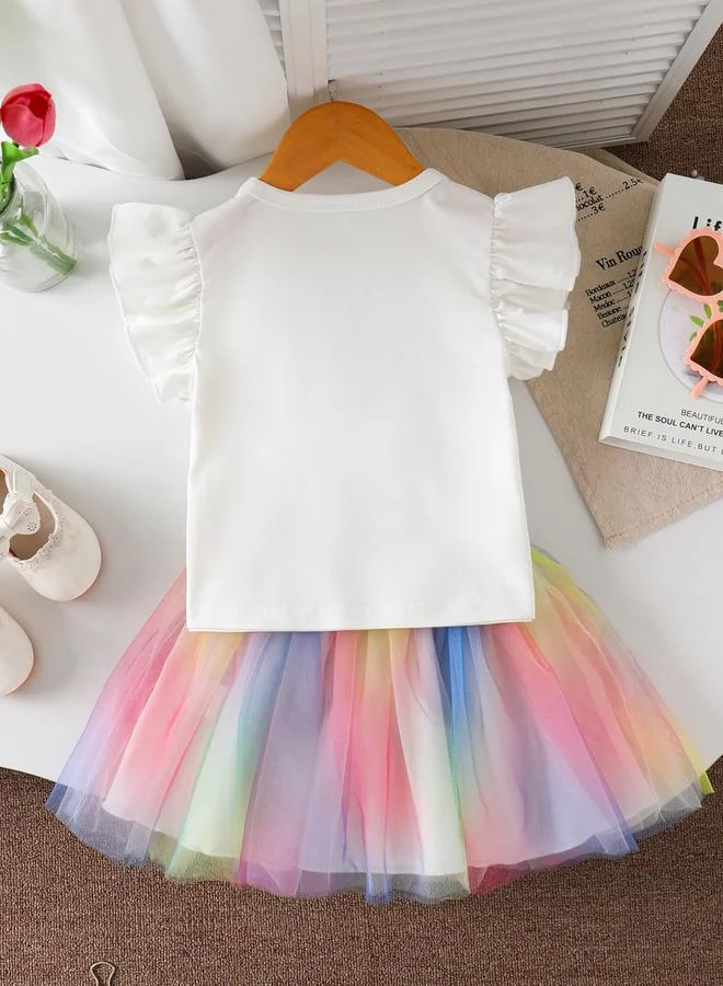 Take Two Girls Unicorn Graphic Top and Rainbow Skirt Set