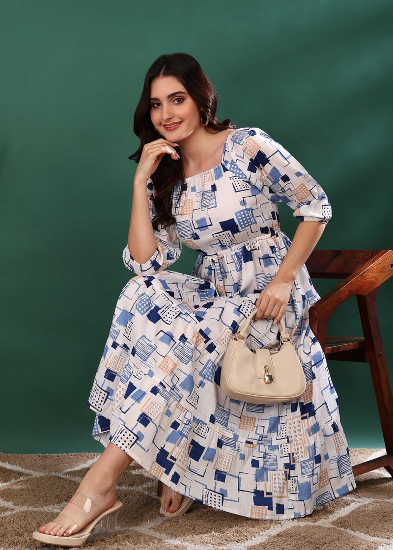 Yash Gallery Women’s Delta Fabric Printed Dress Square Neck, Puff Sleeve, Fit & Flare Midi Dress (Blue) - Image 3