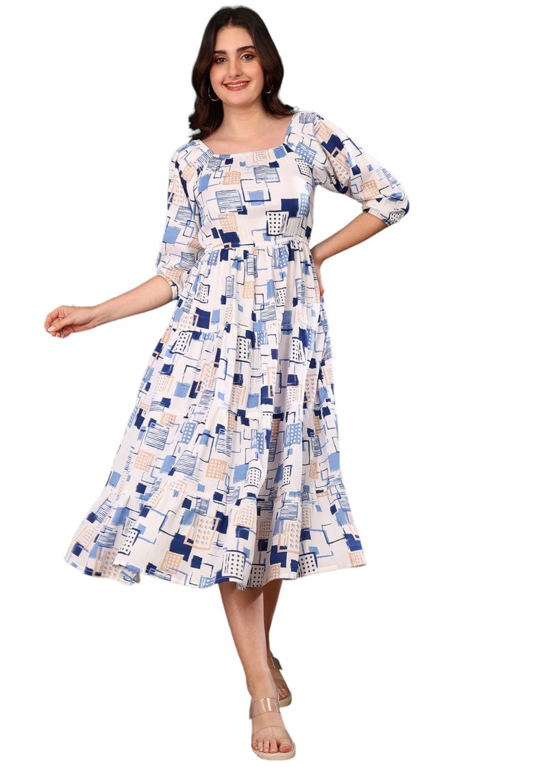 Yash Gallery Women’s Delta Fabric Printed Dress Square Neck, Puff Sleeve, Fit & Flare Midi Dress (Blue) - Image 1