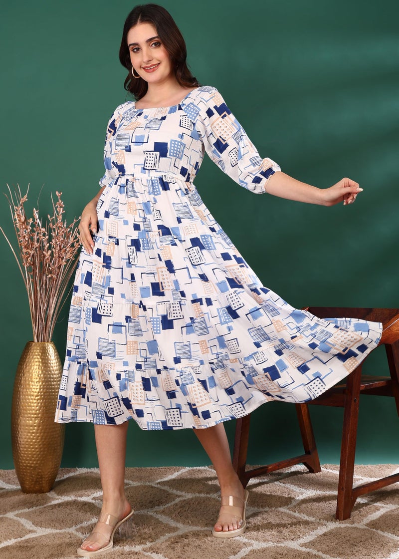 Yash Gallery Women’s Delta Fabric Printed Dress Square Neck, Puff Sleeve, Fit & Flare Midi Dress (Blue) - Image 2
