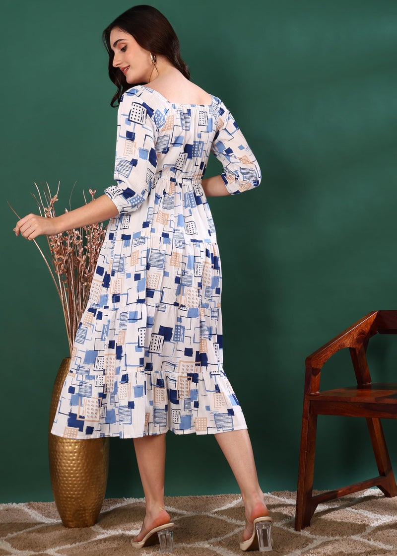 Yash Gallery Women’s Delta Fabric Printed Dress Square Neck, Puff Sleeve, Fit & Flare Midi Dress (Blue) - Image 5