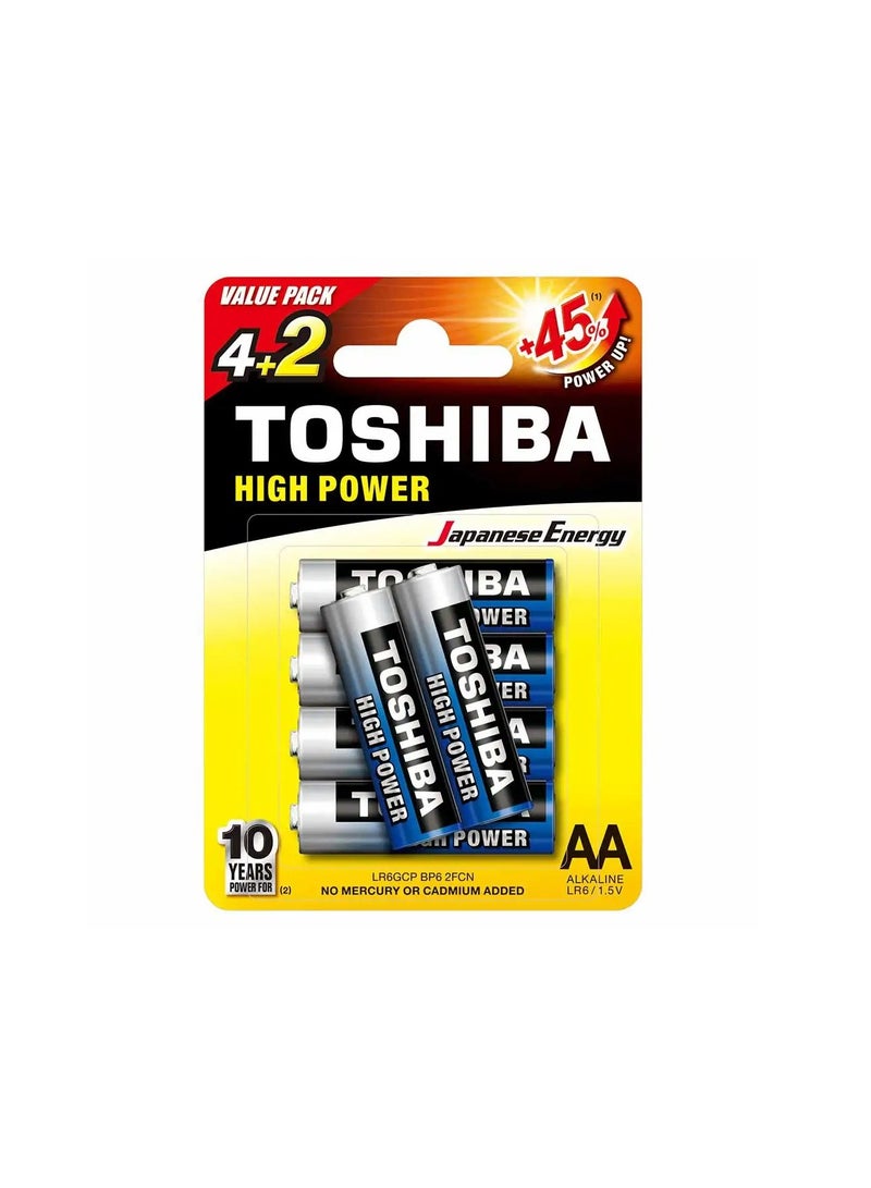 Toshiba High Power Alkaline Aa 4+2 Battery Pack +45% Power Up Energy