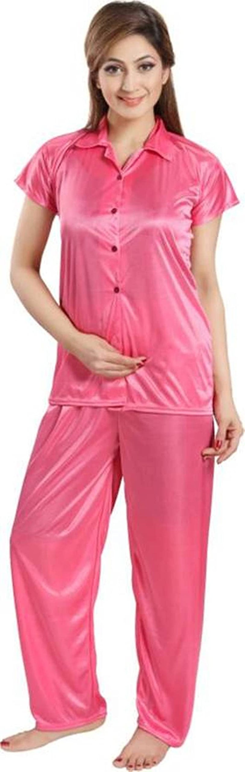 Fabme Women's Satin Solid Night Suit Set Pack of 1 (NW085_Peach_Small_Peach_S) - Image 1