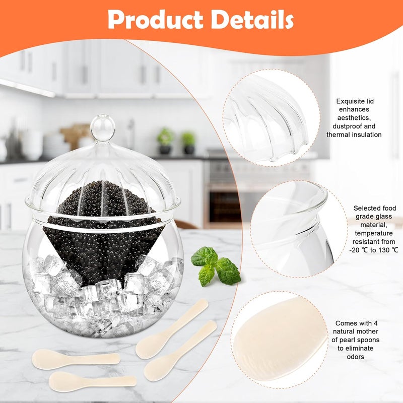 Windspeed Glass Caviar Serving Set with Cover, Caviar Glass Serving Dish with 4Pcs Mother of Pearl Spoon Ice Holder and Exquisite Lid for Cooling Container - Image 5