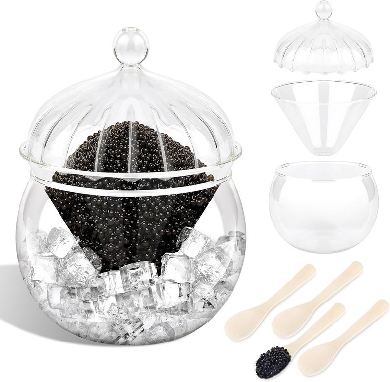 Windspeed Glass Caviar Serving Set with Cover, Caviar Glass Serving Dish with 4Pcs Mother of Pearl Spoon Ice Holder and Exquisite Lid for Cooling Container - Image 1