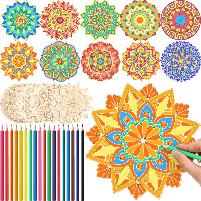 Vercraft 28 Pcs Wooden Mandala Painting Set 10 Unfinished Wood Cutouts with 18 Colored Pencil for Making Kit Mandala Crafts for Painting DIY Crafts Home DecorsClassic Style