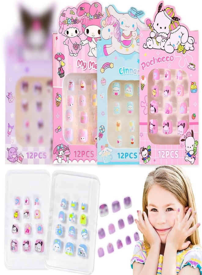 TecoKart® 48Pcs Press on Nails for Kids - Cute Cartoon Fake Nails with Jelly Glue, Short Artificial Nail Art Kit for Girls, Reusable & Safe Nail Extensions for Easy DIY Manicure - Image 1