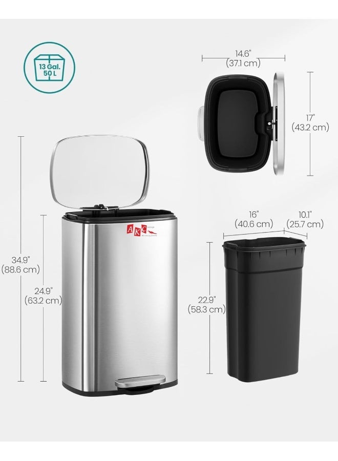 AKC سلة مهملات بدواسة – 13 جالون / 50 لتر من الفولاذ المقاوم للصدأ | غطاء يغلق برفق، دواسة قدم، دلو بلاستيكي داخلي، تشطيب مقاوم للبقع - Image 5